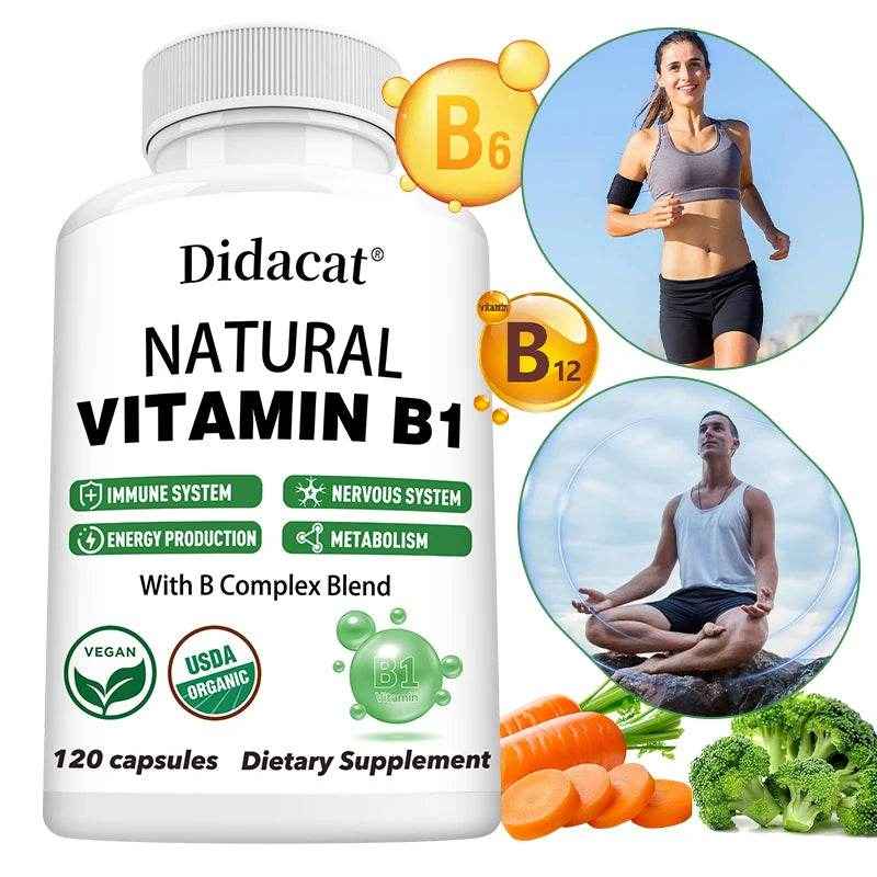 Natural Vitamin B1 - B Complex Blend, Nervous System, Immune System, Energy and Metabolic Health, Vegetarian Capsules