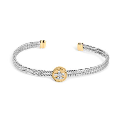 18K Yellow Gold Plated .925 Sterling Silver Diamond Accent and Fleur Di Lis Medallion Bangle Bracelet (I-J Color, SI1-SI2 Clarity) - 7.25 Inches by Bids.com