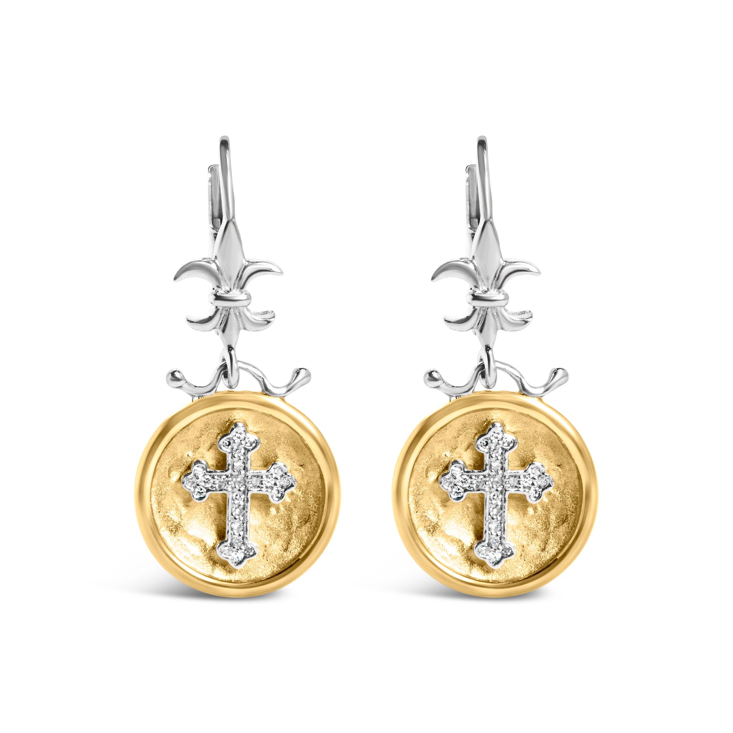 18K Yellow Gold Plated .925 Sterling Silver 1/8 Cttw Diamond Hammered Finished Medallion with Cross Drop and Dangle Earrings (I-J Color, SI1-SI2 Clarity) by Bids.com
