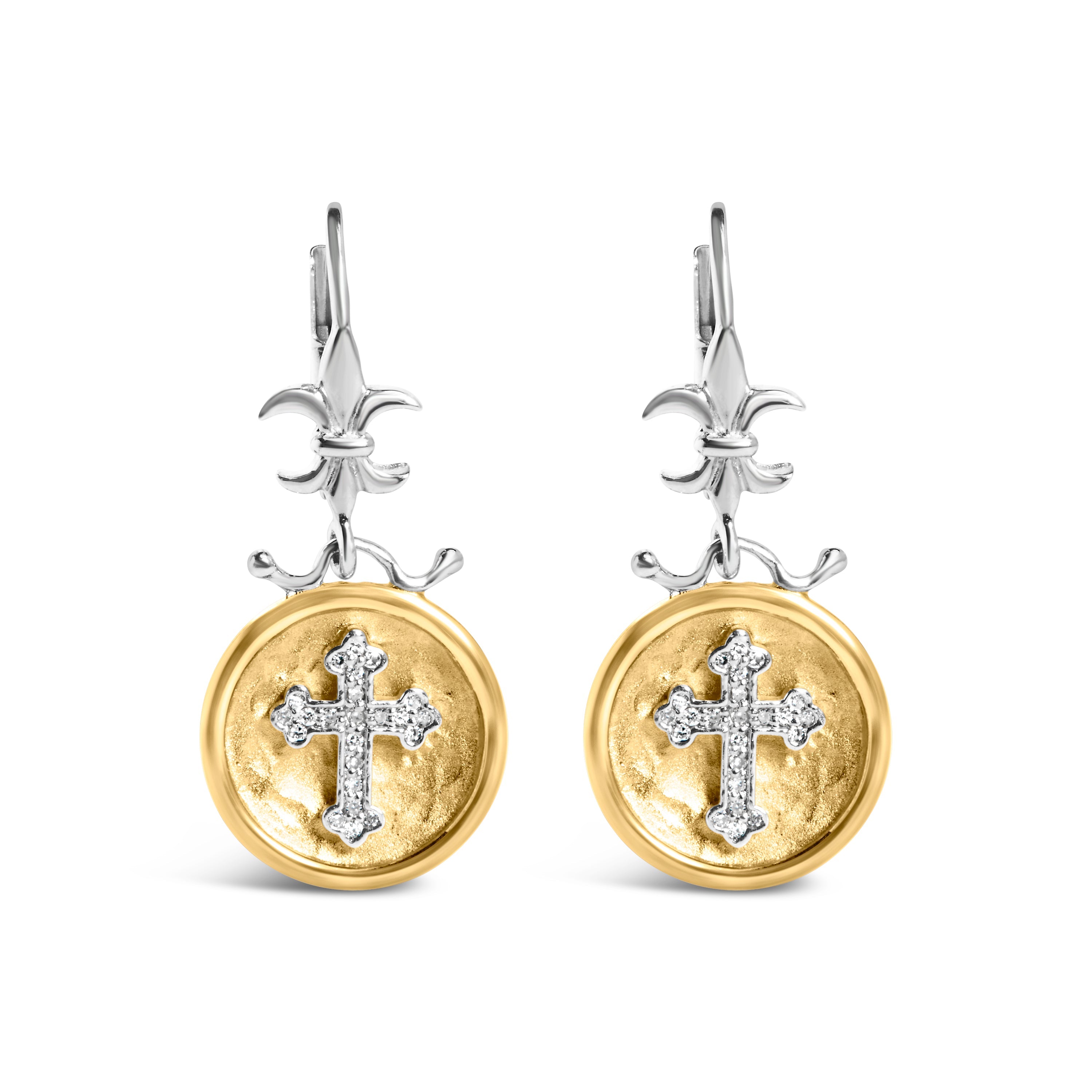 18K Yellow Gold Plated .925 Sterling Silver 1/8 Cttw Diamond Hammered Finished Medallion with Cross Drop and Dangle Earrings (I-J Color, SI1-SI2 Clarity) by Bids.com