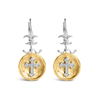 18K Yellow Gold Plated .925 Sterling Silver 1/8 Cttw Diamond Hammered Finished Medallion with Cross Drop and Dangle Earrings (I-J Color, SI1-SI2 Clarity) by Bids.com