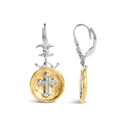 18K Yellow Gold Plated .925 Sterling Silver 1/8 Cttw Diamond Hammered Finished Medallion with Cross Drop and Dangle Earrings (I-J Color, SI1-SI2 Clarity) by Bids.com