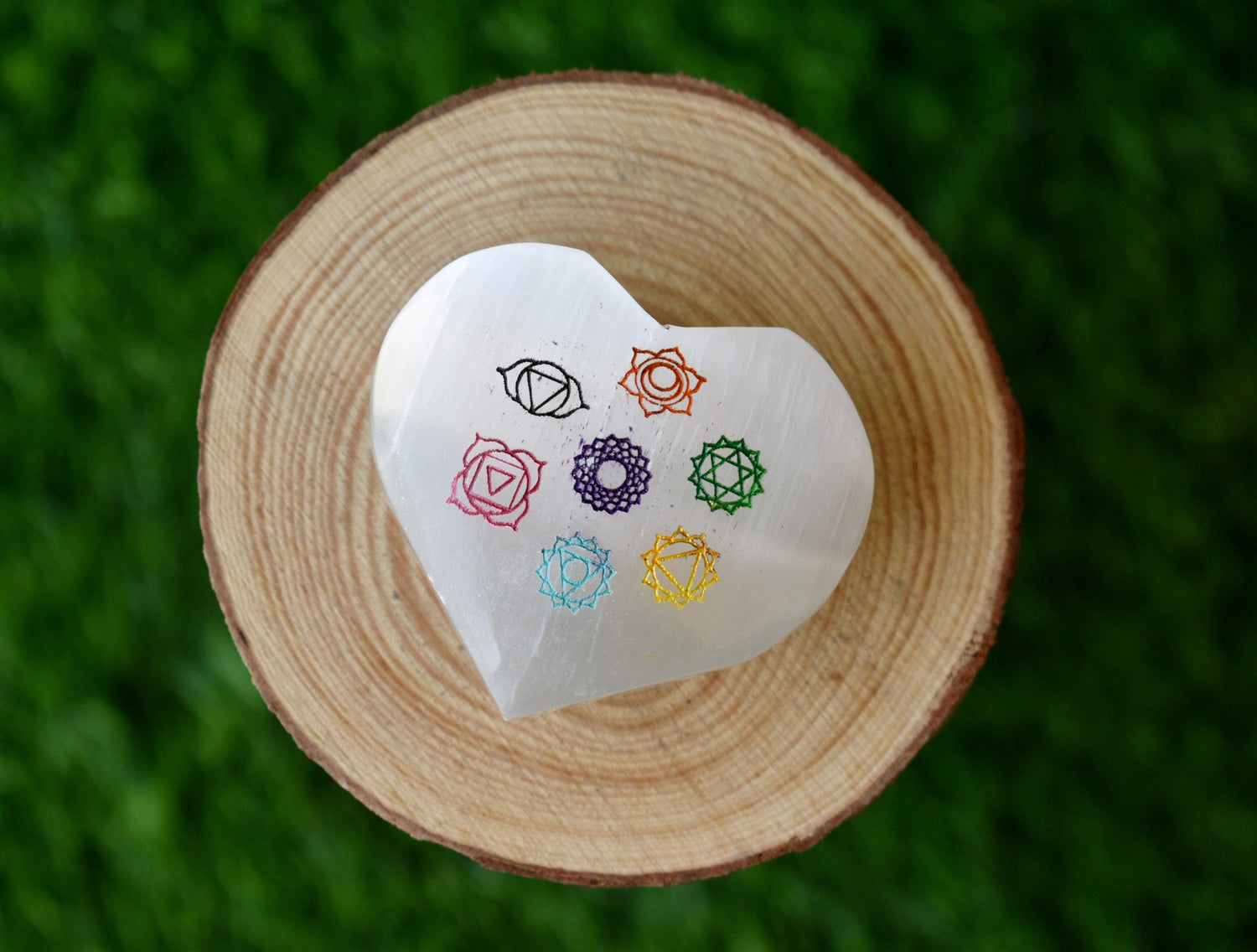 2" Selenite Heart with 7 Chakra Symbols, Engraved 7 Chakra Selenite Puffy Heart  DestGlow