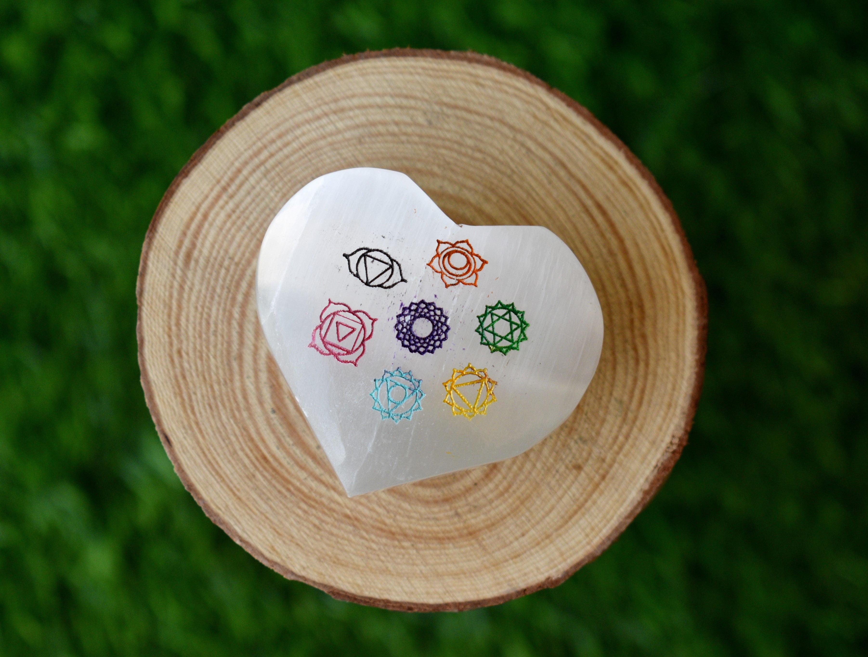2" Selenite Heart with 7 Chakra Symbols, Engraved 7 Chakra Selenite Puffy Heart  DestGlow