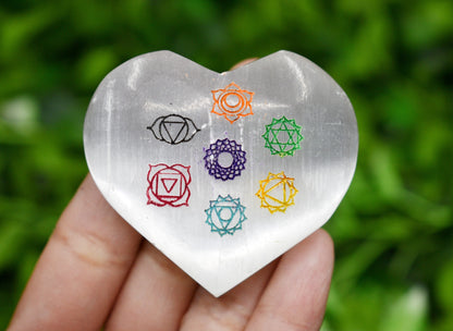 2" Selenite Heart with 7 Chakra Symbols, Engraved 7 Chakra Selenite Puffy Heart  DestGlow
