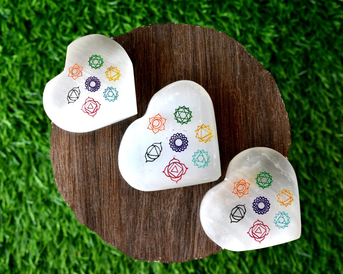 2" Selenite Heart with 7 Chakra Symbols, Engraved 7 Chakra Selenite Puffy Heart  DestGlow