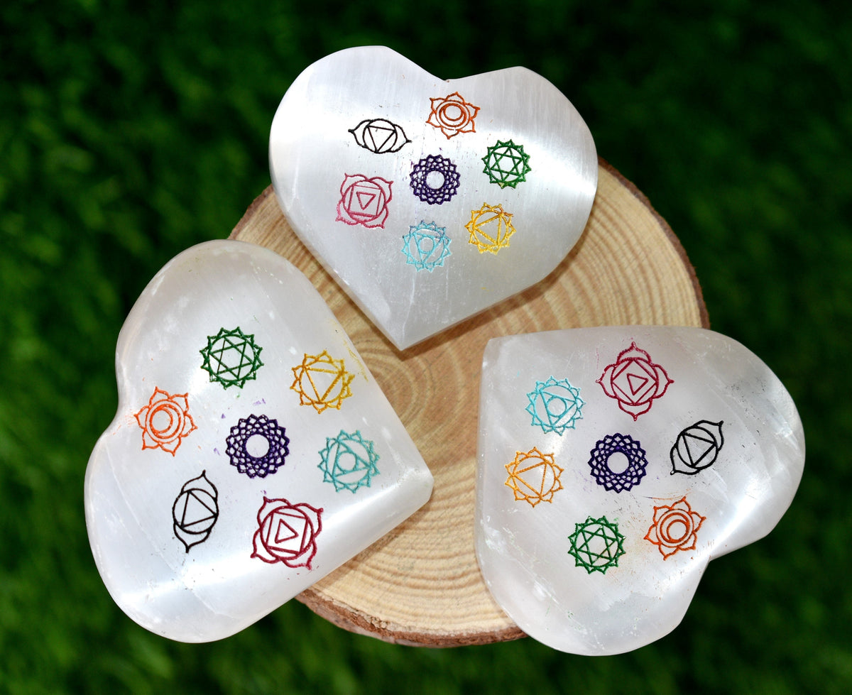 2" Selenite Heart with 7 Chakra Symbols, Engraved 7 Chakra Selenite Puffy Heart  DestGlow