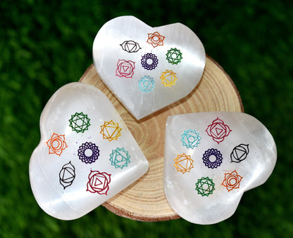 2" Selenite Heart with 7 Chakra Symbols, Engraved 7 Chakra Selenite Puffy Heart  DestGlow