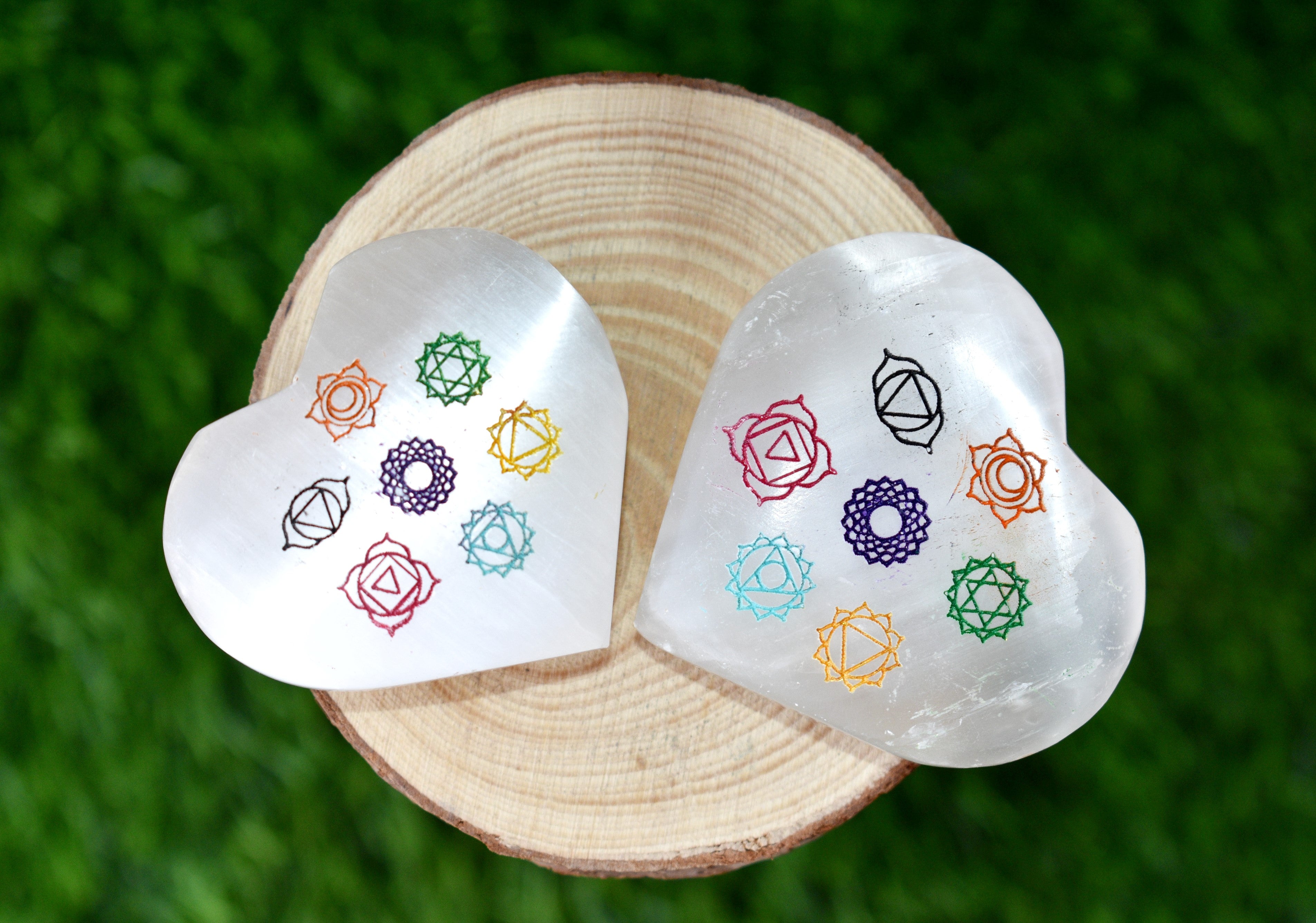 2" Selenite Heart with 7 Chakra Symbols, Engraved 7 Chakra Selenite Puffy Heart  DestGlow