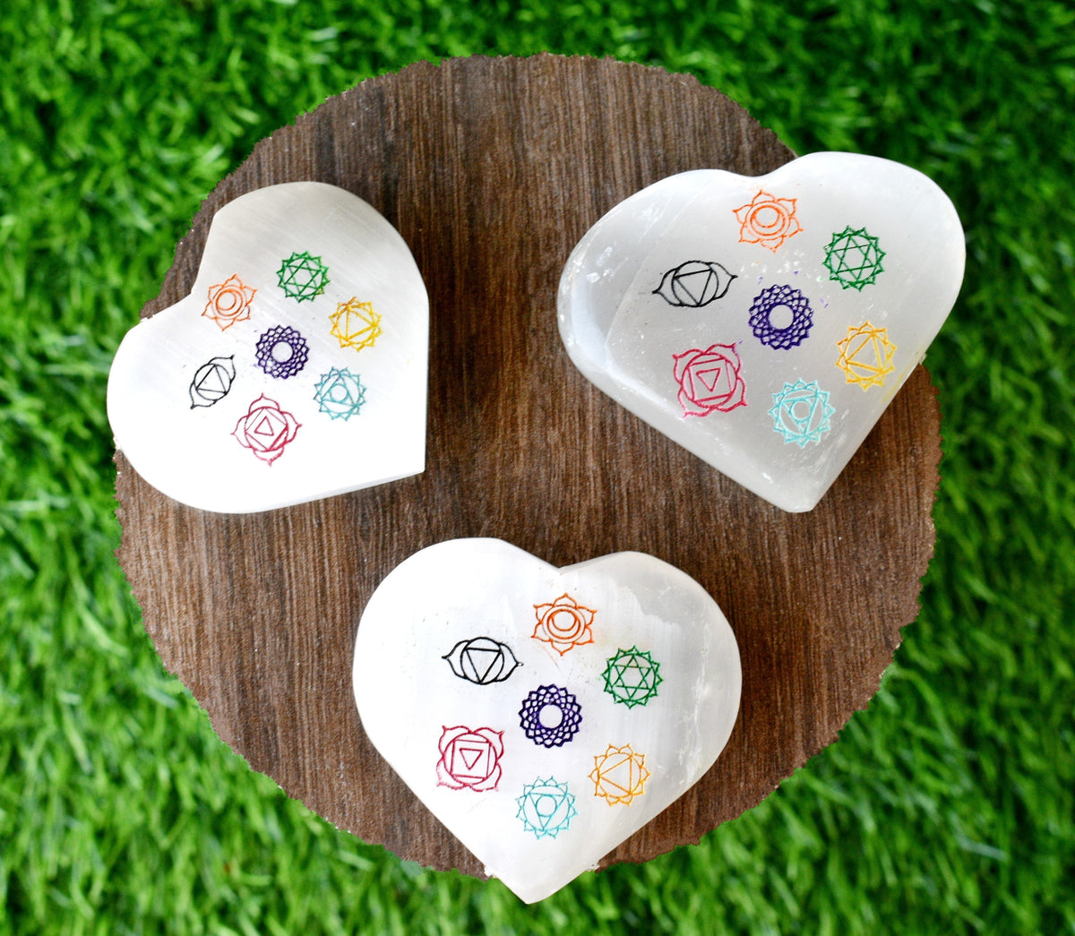 2" Selenite Heart with 7 Chakra Symbols, Engraved 7 Chakra Selenite Puffy Heart  DestGlow