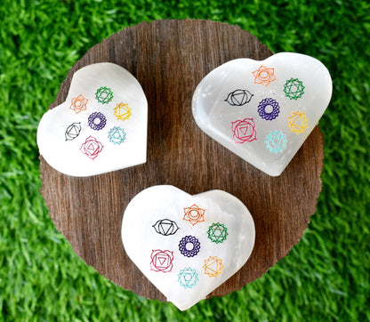 2" Selenite Heart with 7 Chakra Symbols, Engraved 7 Chakra Selenite Puffy Heart  DestGlow