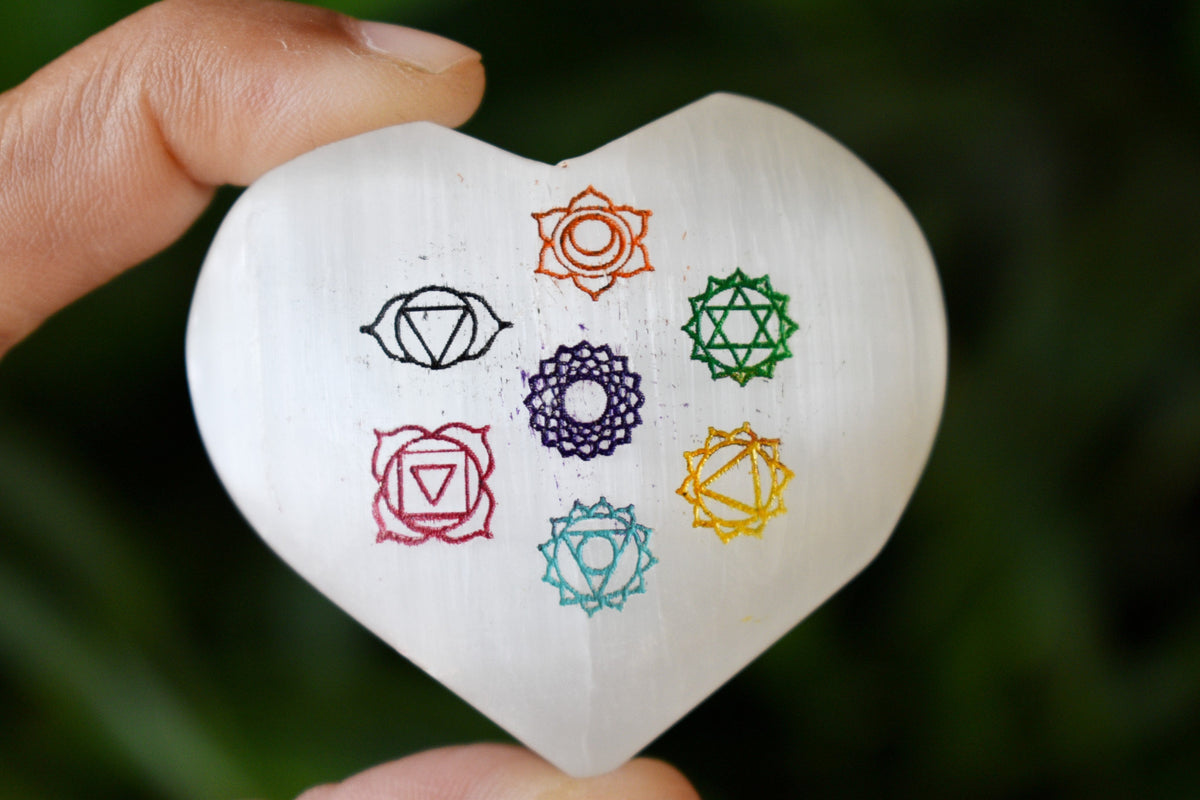 2" Selenite Heart with 7 Chakra Symbols, Engraved 7 Chakra Selenite Puffy Heart  DestGlow