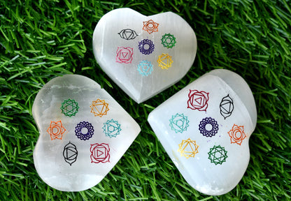 2" Selenite Heart with 7 Chakra Symbols, Engraved 7 Chakra Selenite Puffy Heart  DestGlow