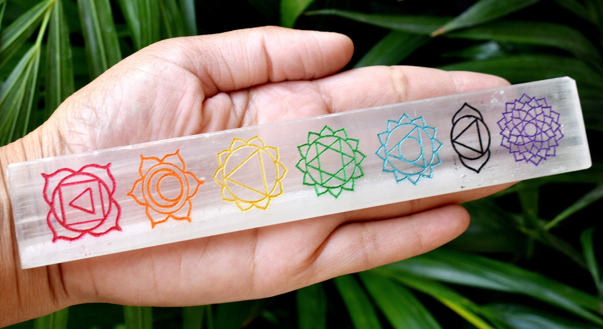 6" Selenite Charging Plate with 7 Chakra Signs, Engraved Chakra Selenite Plate  DestGlow