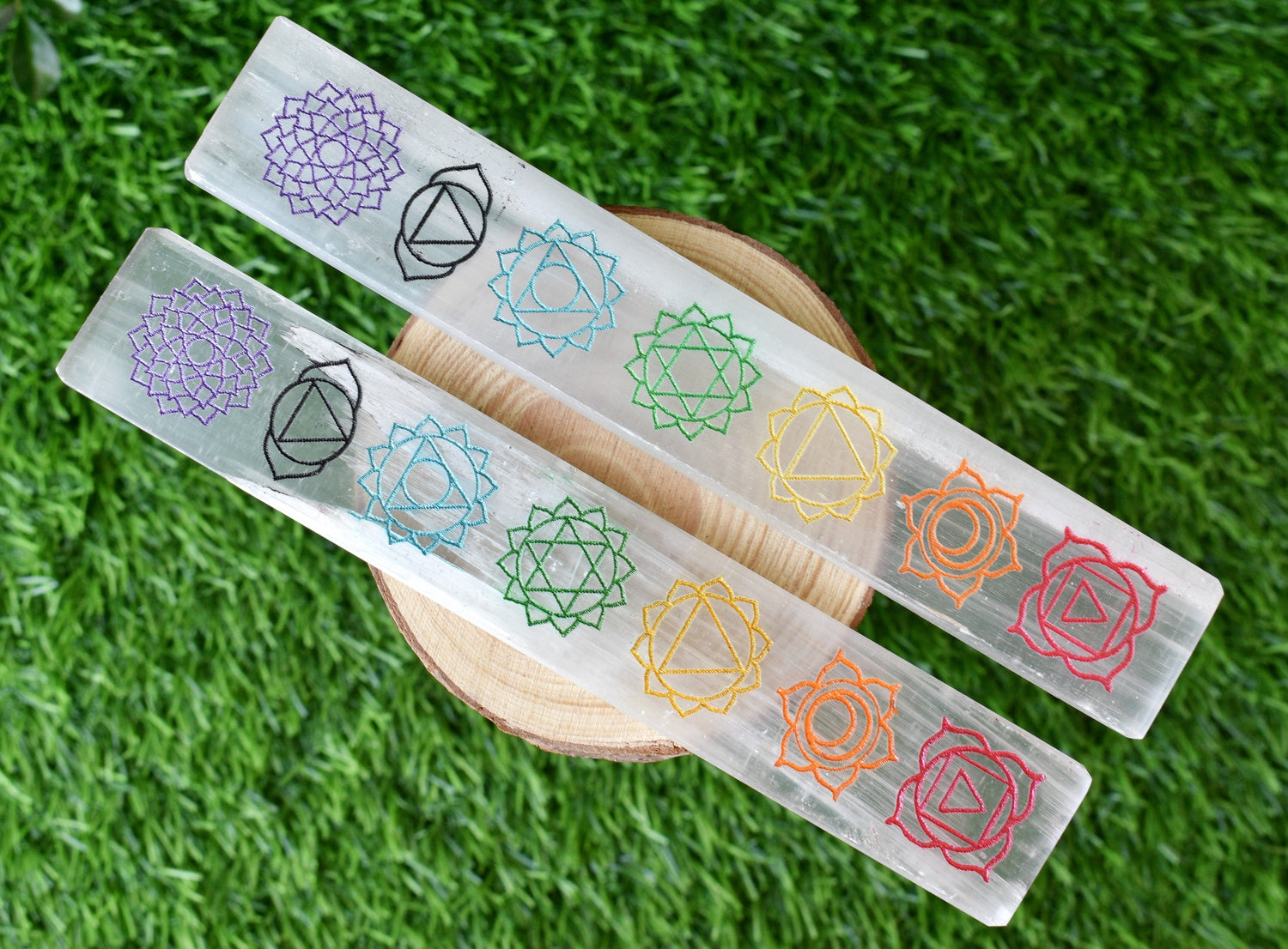 6" Selenite Charging Plate with 7 Chakra Signs, Engraved Chakra Selenite Plate  DestGlow