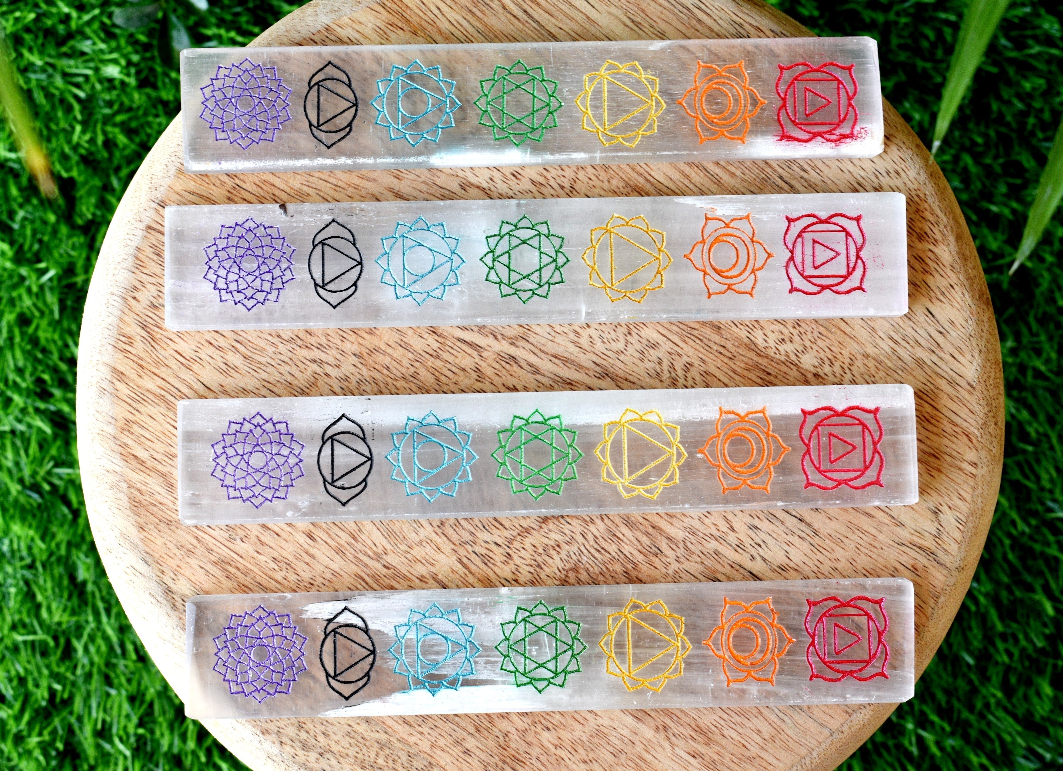 6" Selenite Charging Plate with 7 Chakra Signs, Engraved Chakra Selenite Plate  DestGlow