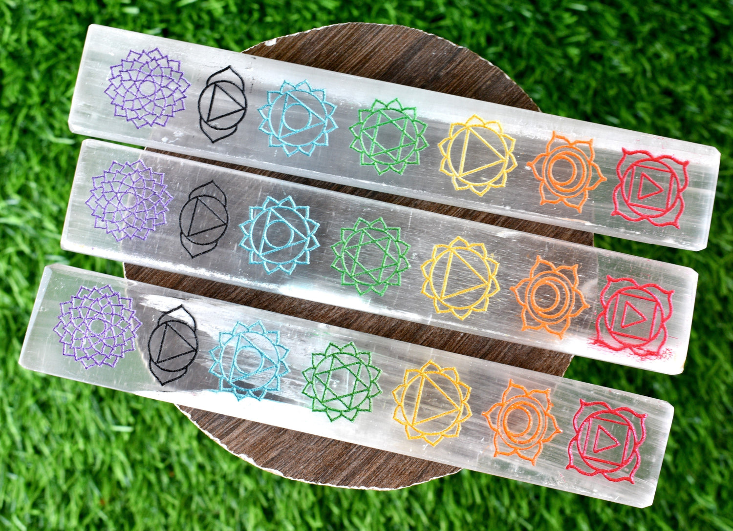 6" Selenite Charging Plate with 7 Chakra Signs, Engraved Chakra Selenite Plate  DestGlow