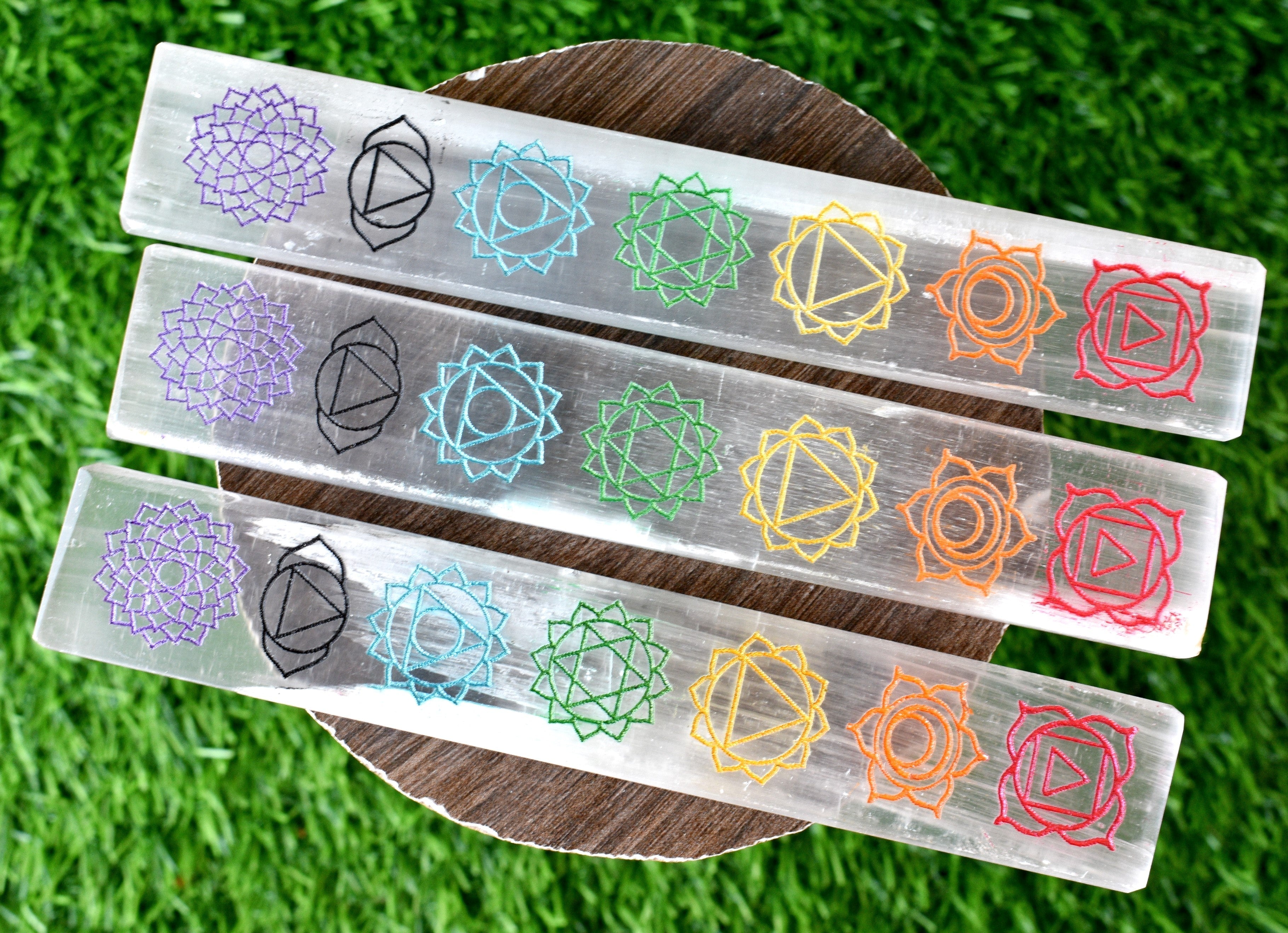 6" Selenite Charging Plate with 7 Chakra Signs, Engraved Chakra Selenite Plate  DestGlow