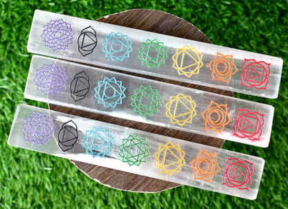 6" Selenite Charging Plate with 7 Chakra Signs, Engraved Chakra Selenite Plate  DestGlow