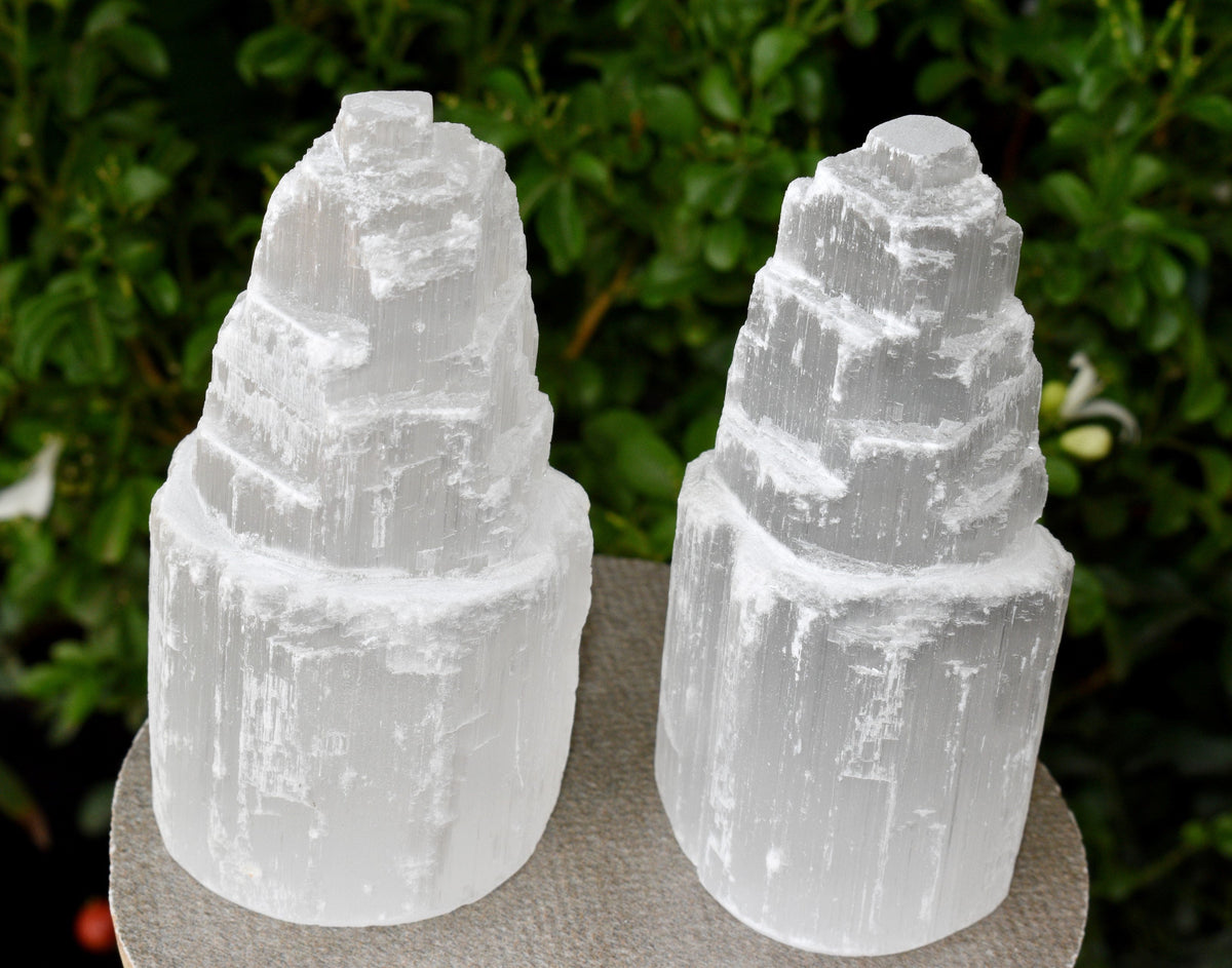 Natural Rough Selenite Swirl Towers, 4" Genuine Healing White Spiral Crystal  DestGlow