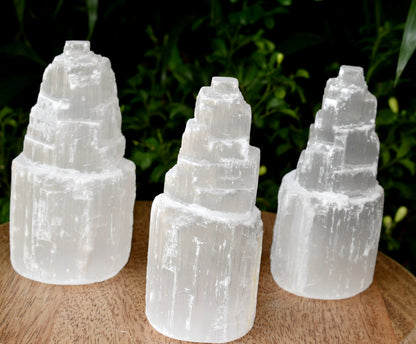 Natural Rough Selenite Swirl Towers, 4" Genuine Healing White Spiral Crystal  DestGlow