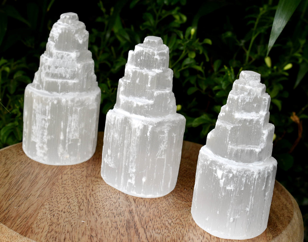 Natural Rough Selenite Swirl Towers, 4" Genuine Healing White Spiral Crystal  DestGlow