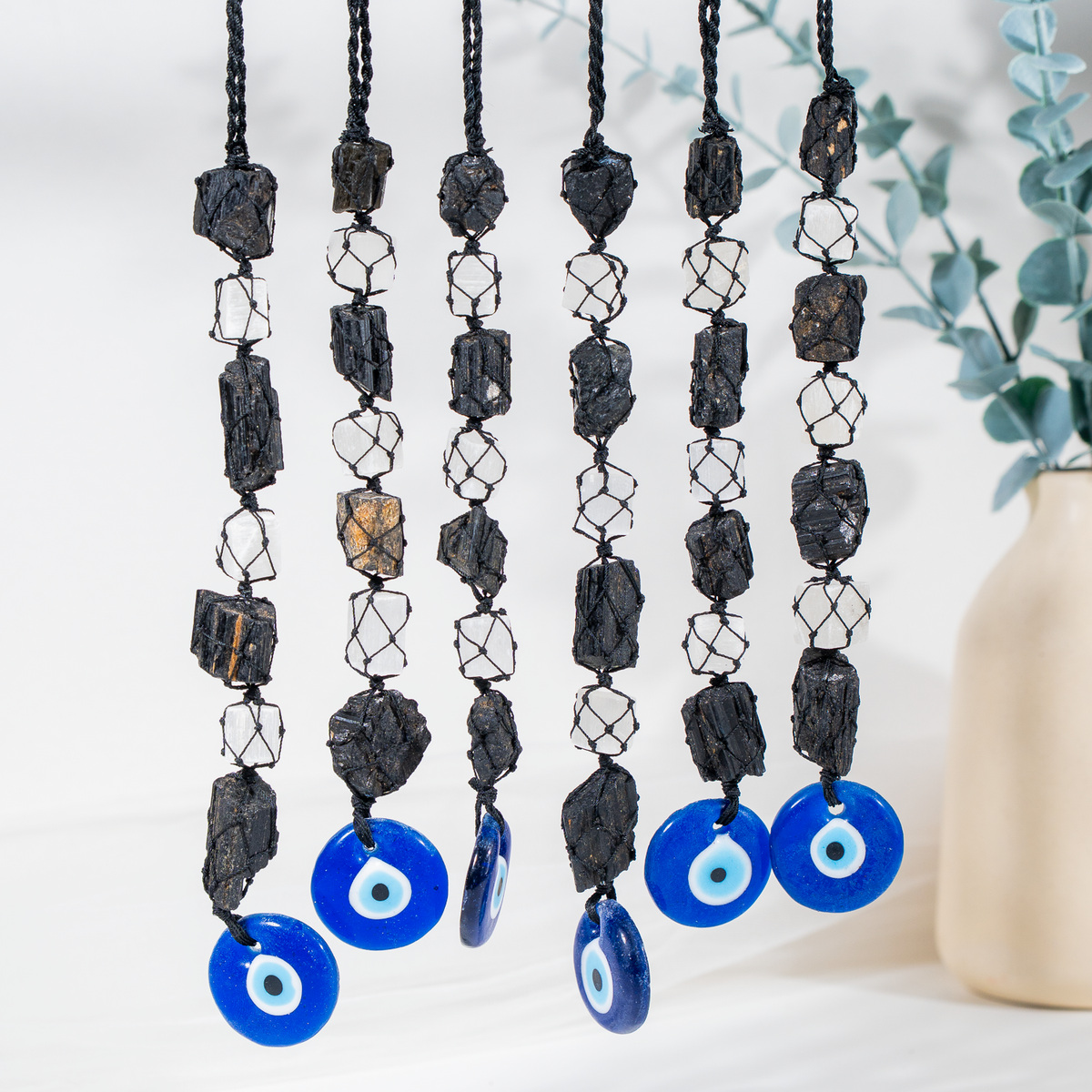 Black Tourmaline &amp; Selenite With Evil Eye Crystal Hanger  DestGlow