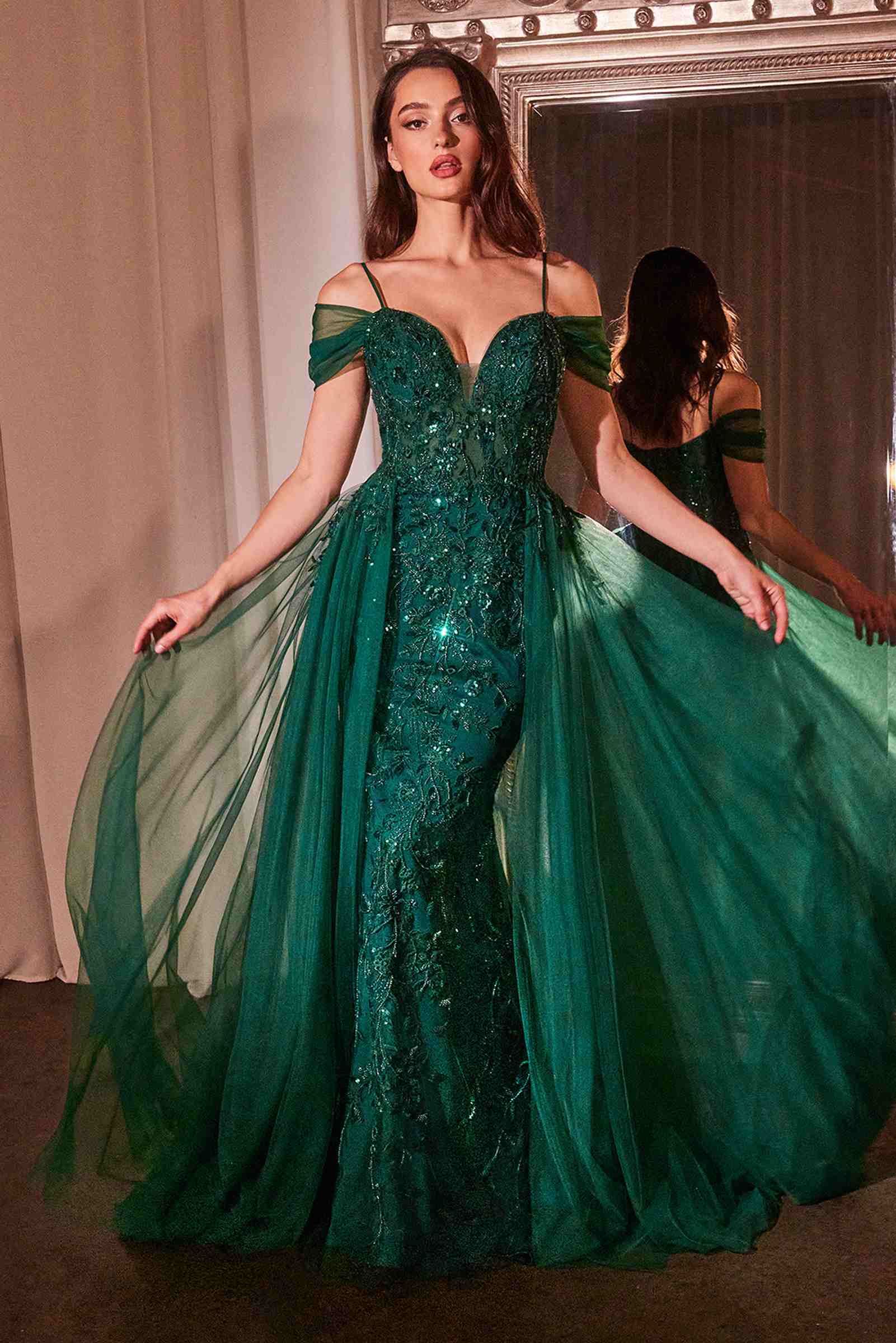 Ladivine SF009 Long Embellished Off The Shoulder Fitted Lace Gown by DiscountDressShop