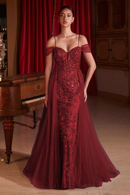 Ladivine SF009 Long Embellished Off The Shoulder Fitted Lace Gown by DiscountDressShop