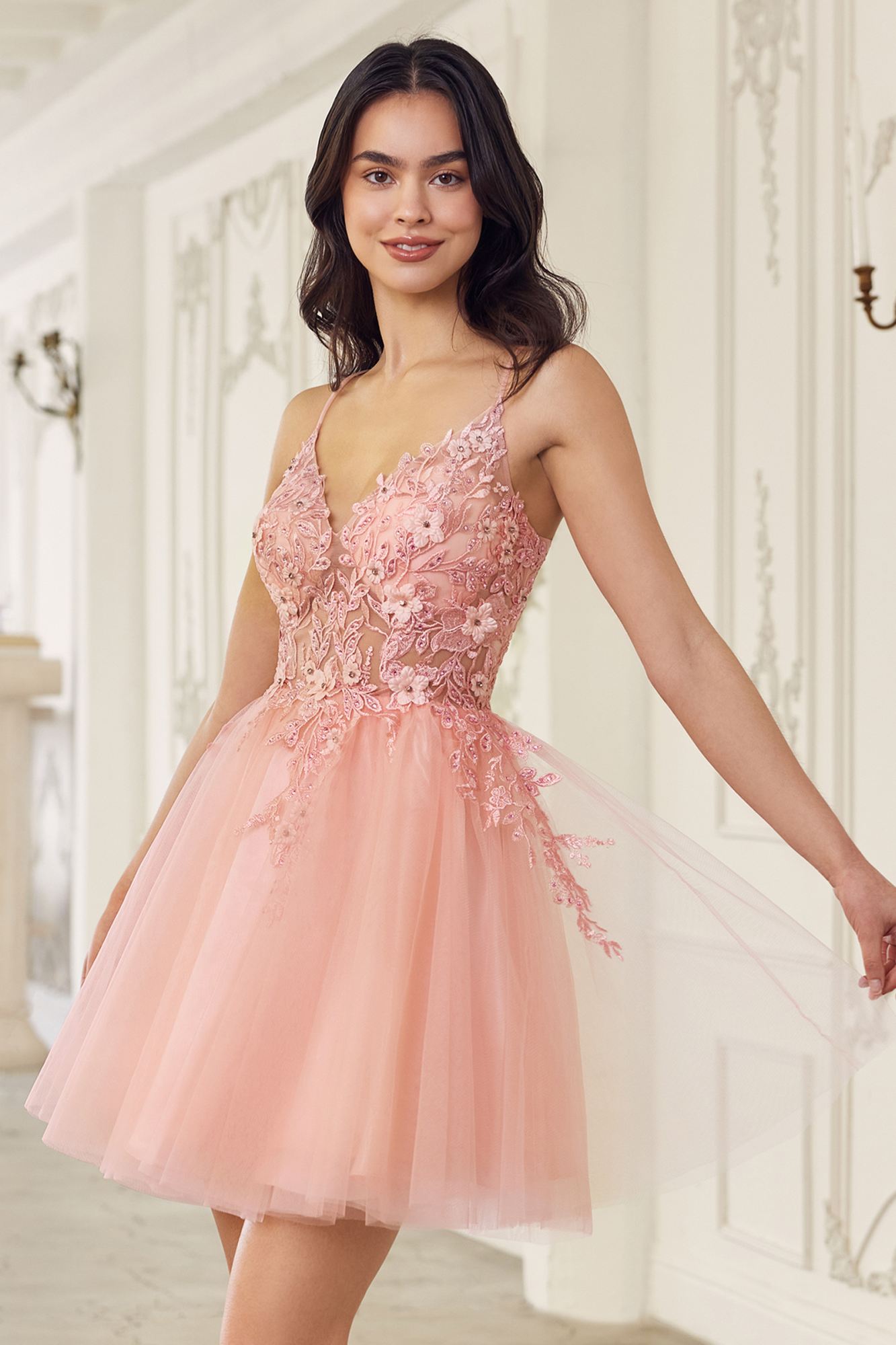 Ladivine SF047 Lace Bodice A-Line Layered Tulle Short Dress by DiscountDressShop