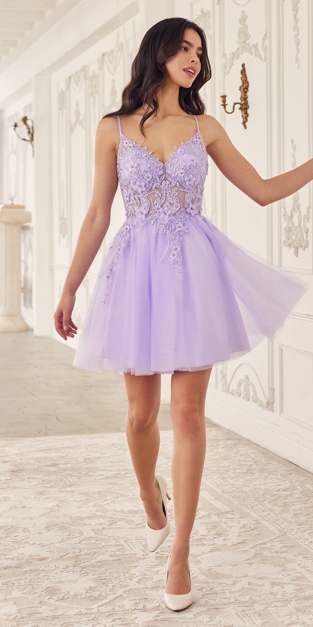 Ladivine SF047 Lace Bodice A-Line Layered Tulle Short Dress by DiscountDressShop