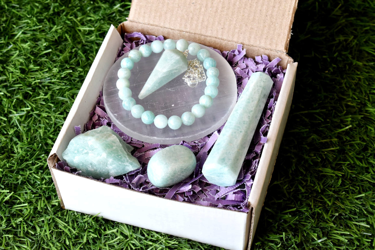 Amazonite Crystal Gift Set For Emotional Support and Protection, Real Polished Gemstones.  DestGlow