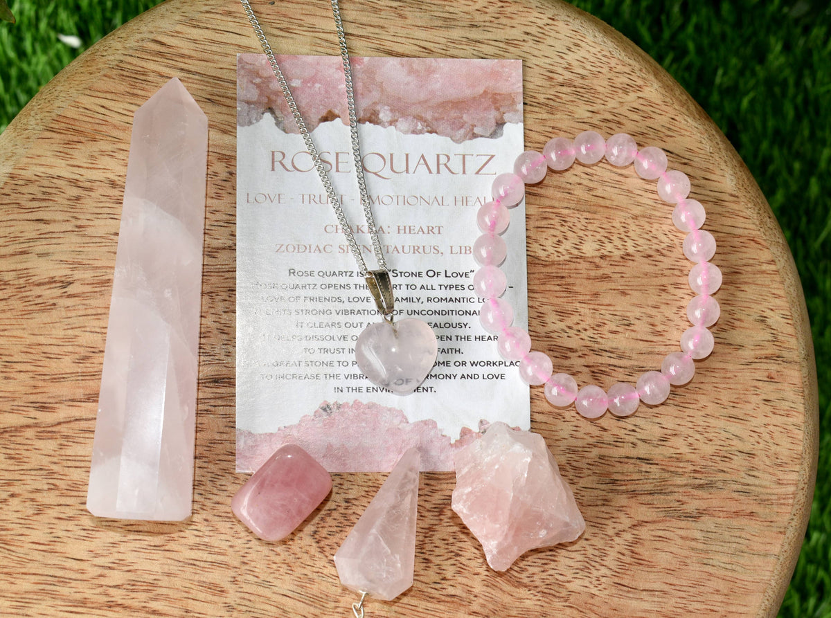 Rose Quartz Crystal Gift Set For Emotional Support and Protection, Real Polished Gemstones.  DestGlow