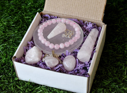 Rose Quartz Crystal Gift Set For Emotional Support and Protection, Real Polished Gemstones.  DestGlow