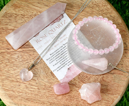 Rose Quartz Crystal Gift Set For Emotional Support and Protection, Real Polished Gemstones.  DestGlow