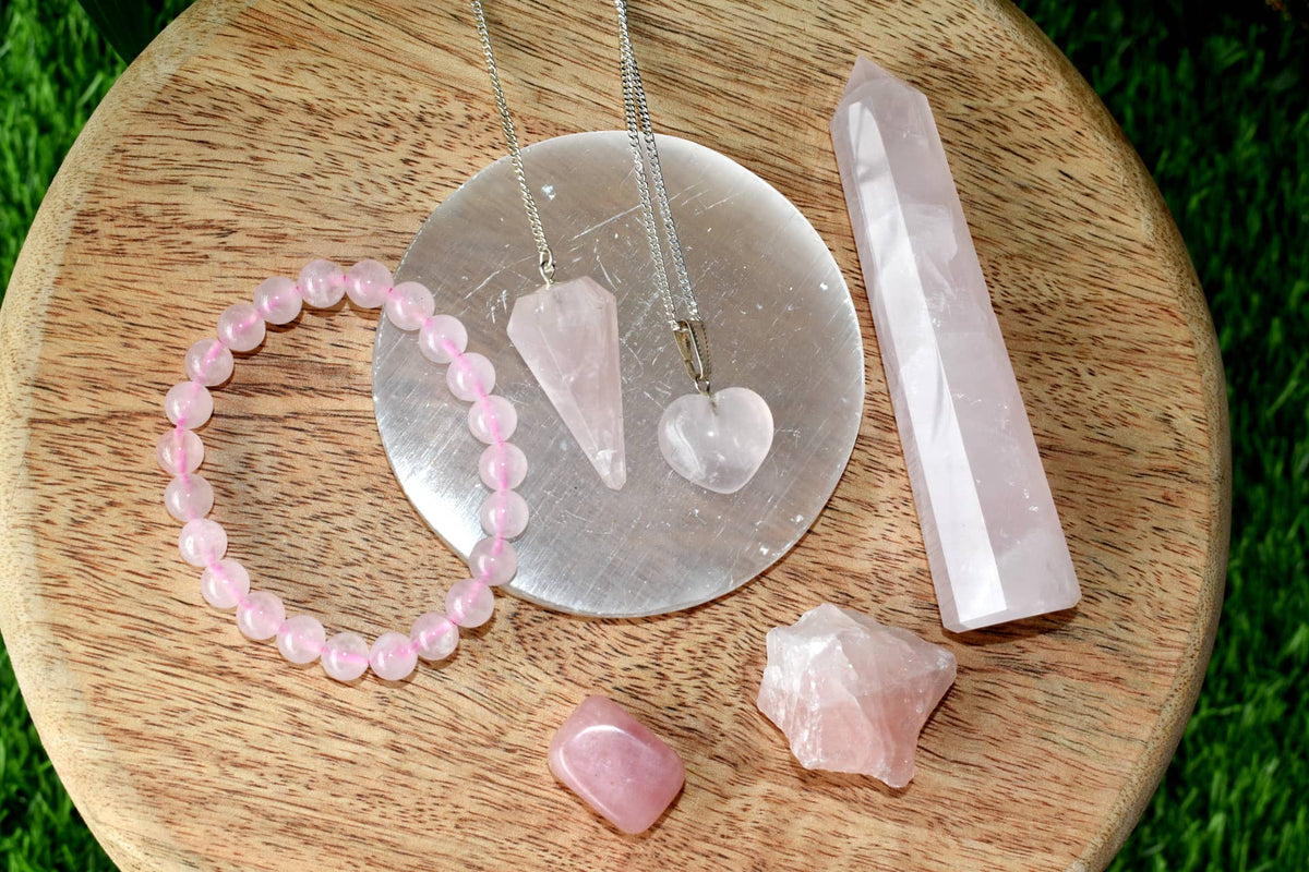 Rose Quartz Crystal Gift Set For Emotional Support and Protection, Real Polished Gemstones.  DestGlow