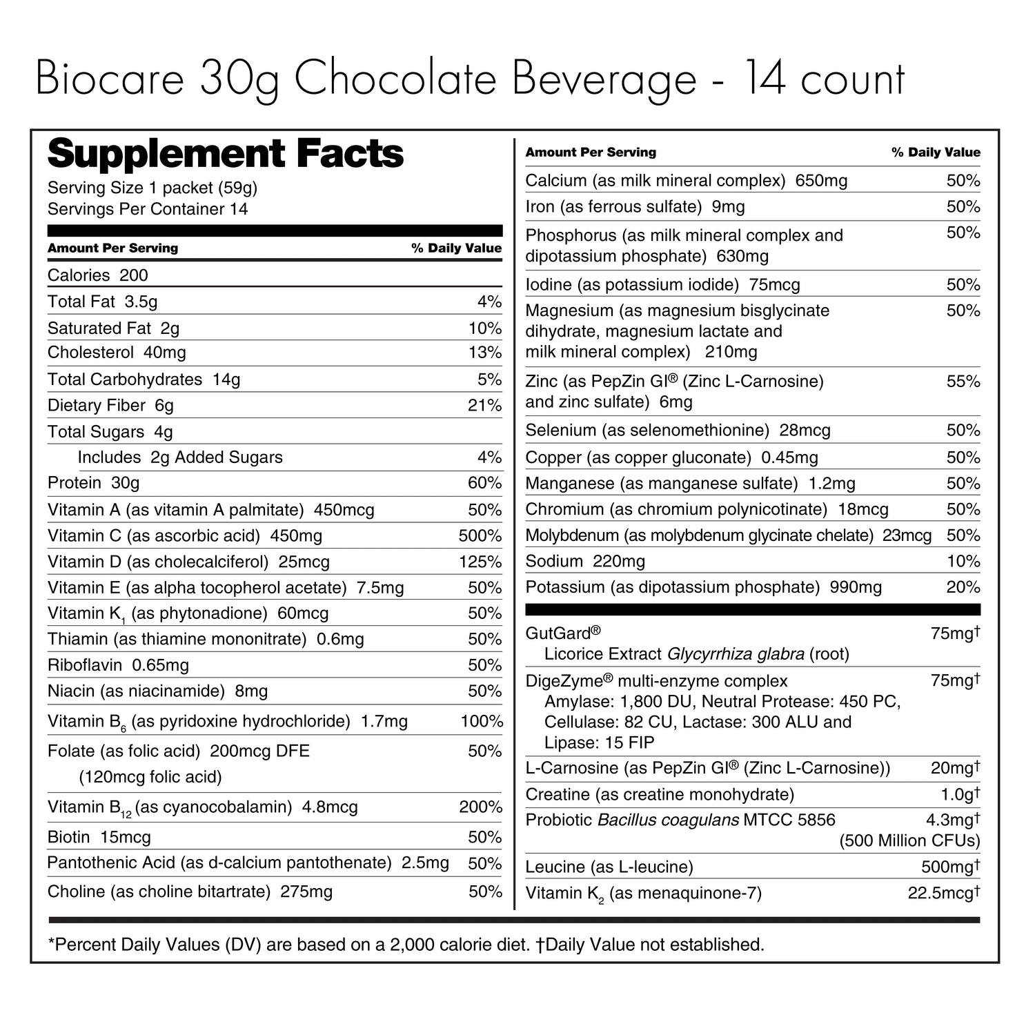 30G Protein Chocolate Biocare Dietary Beverage (14-Count) by Biocare