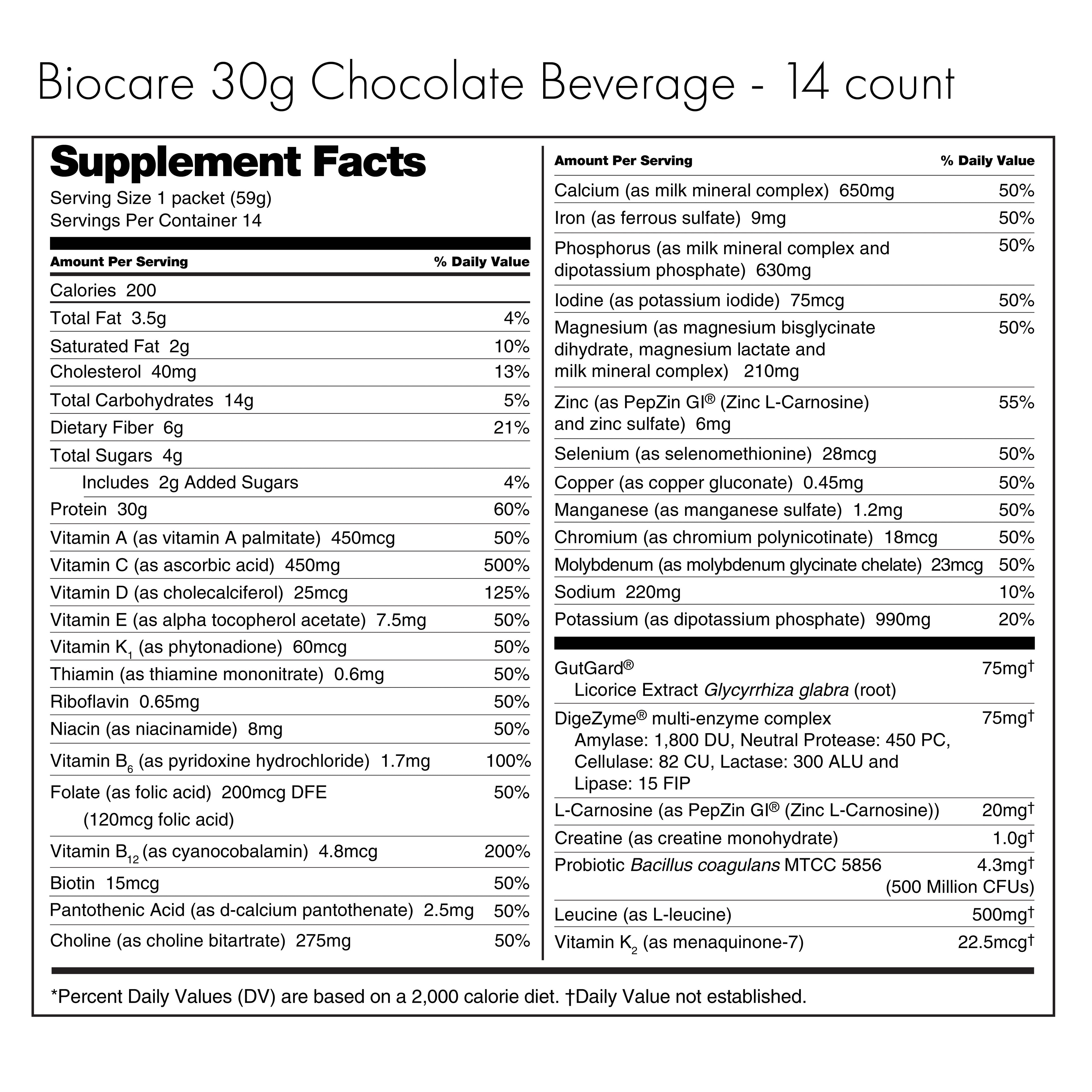 30G Protein Chocolate Biocare Dietary Beverage (14-Count) by Biocare