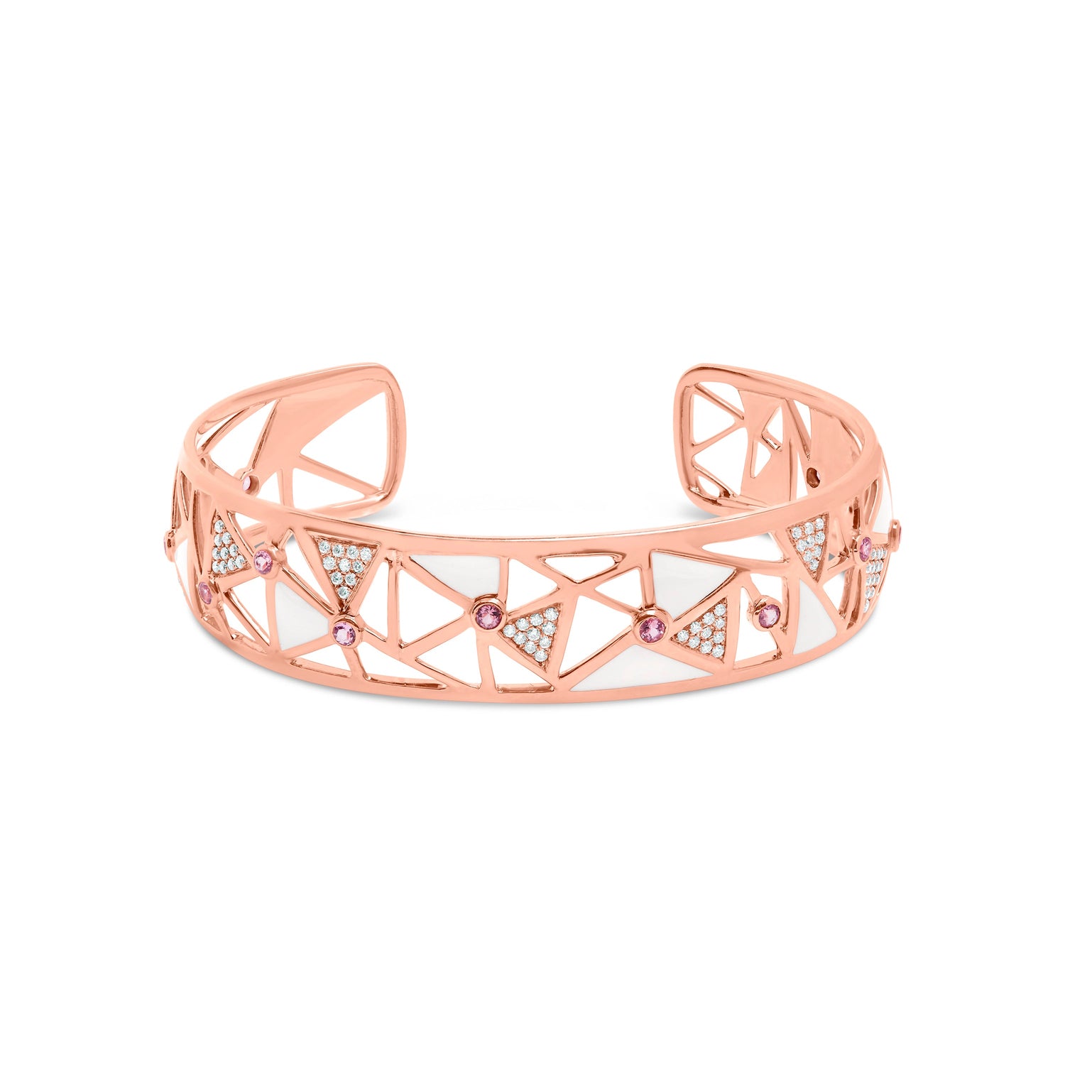14K Rose Gold 5/8 Cttw Diamond with Pink Tourmaline Open Cuff Bangle with White Enamel (G-H Color, SI1-SI2 Clarity) - 7" by Bids.com