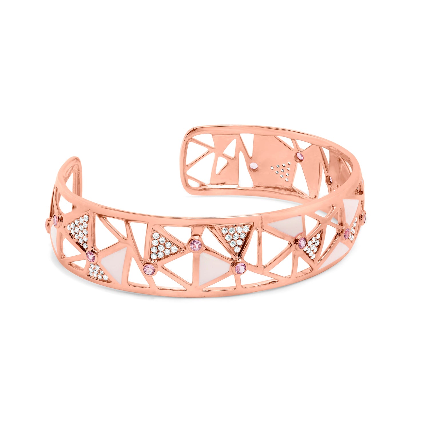 14K Rose Gold 5/8 Cttw Diamond with Pink Tourmaline Open Cuff Bangle with White Enamel (G-H Color, SI1-SI2 Clarity) - 7" by Bids.com