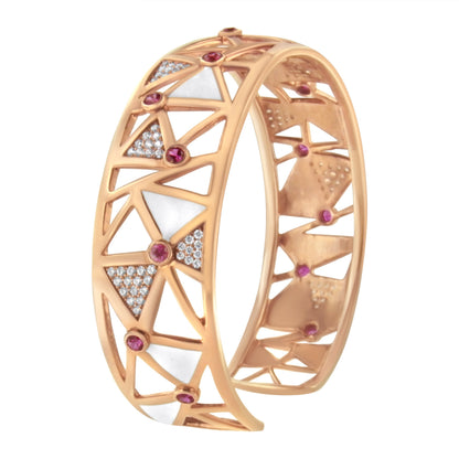 14K Rose Gold 5/8 Cttw Diamond with Pink Tourmaline Open Cuff Bangle with White Enamel (G-H Color, SI1-SI2 Clarity) - 7" by Bids.com
