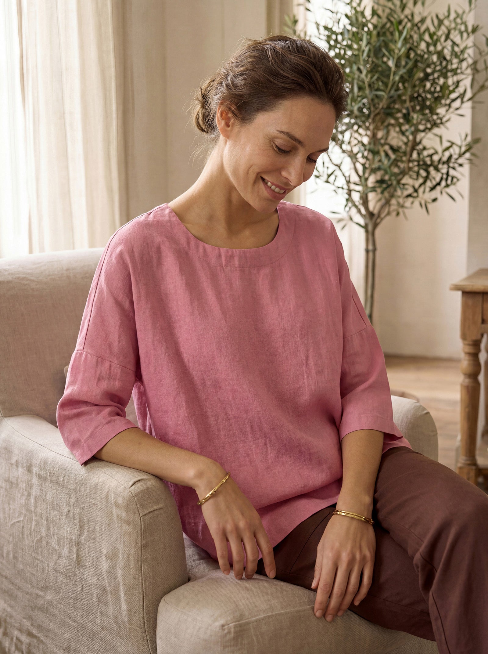 100% Linen Boatneck 3/4 Length Sleeve Top AURORA by LINTICO
