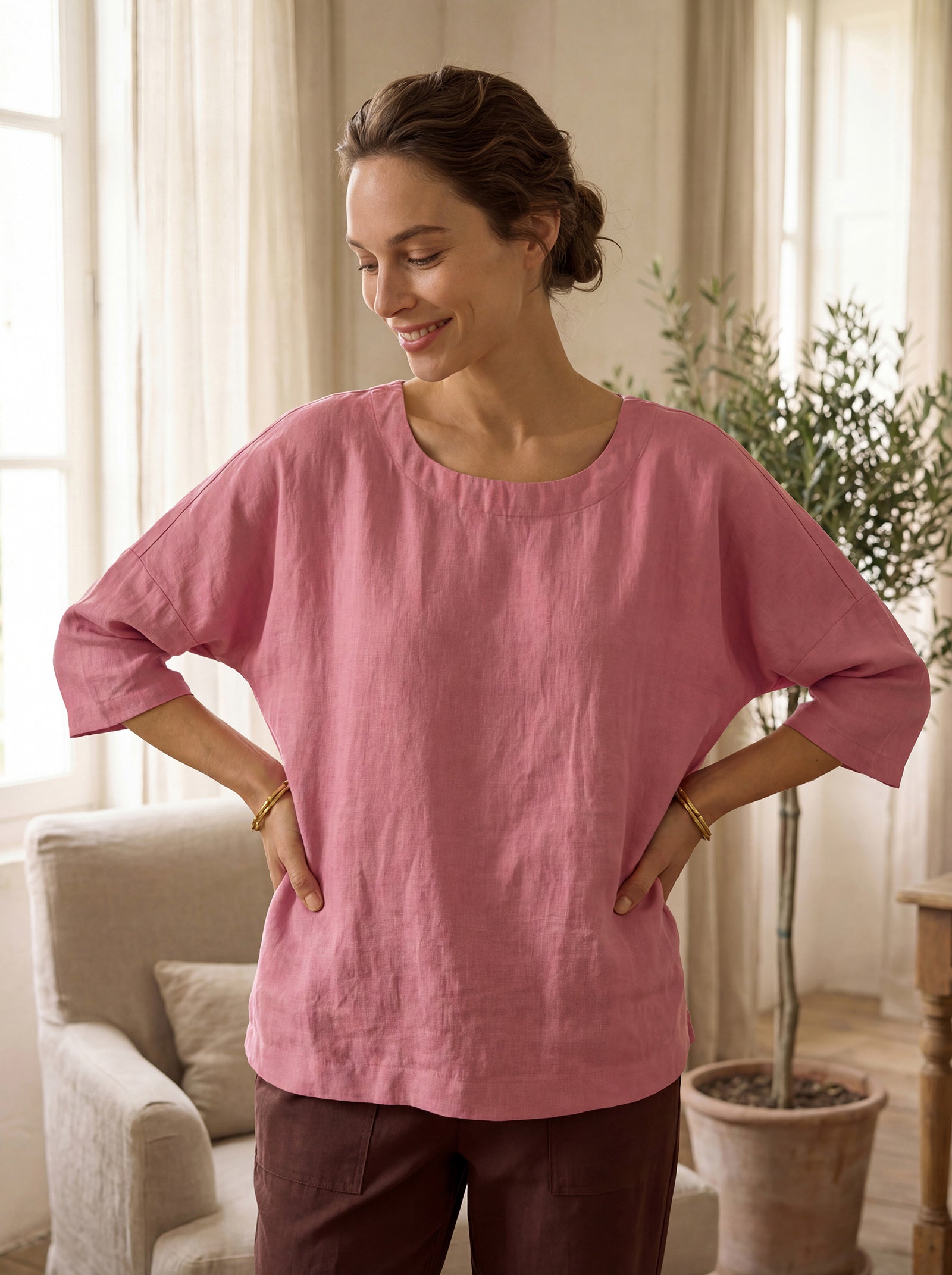 100% Linen Boatneck 3/4 Length Sleeve Top AURORA by LINTICO