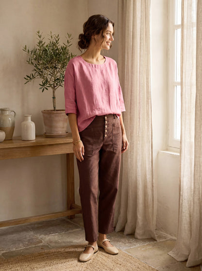 Linen Simple Button Fly Trousers HEIDI by LINTICO