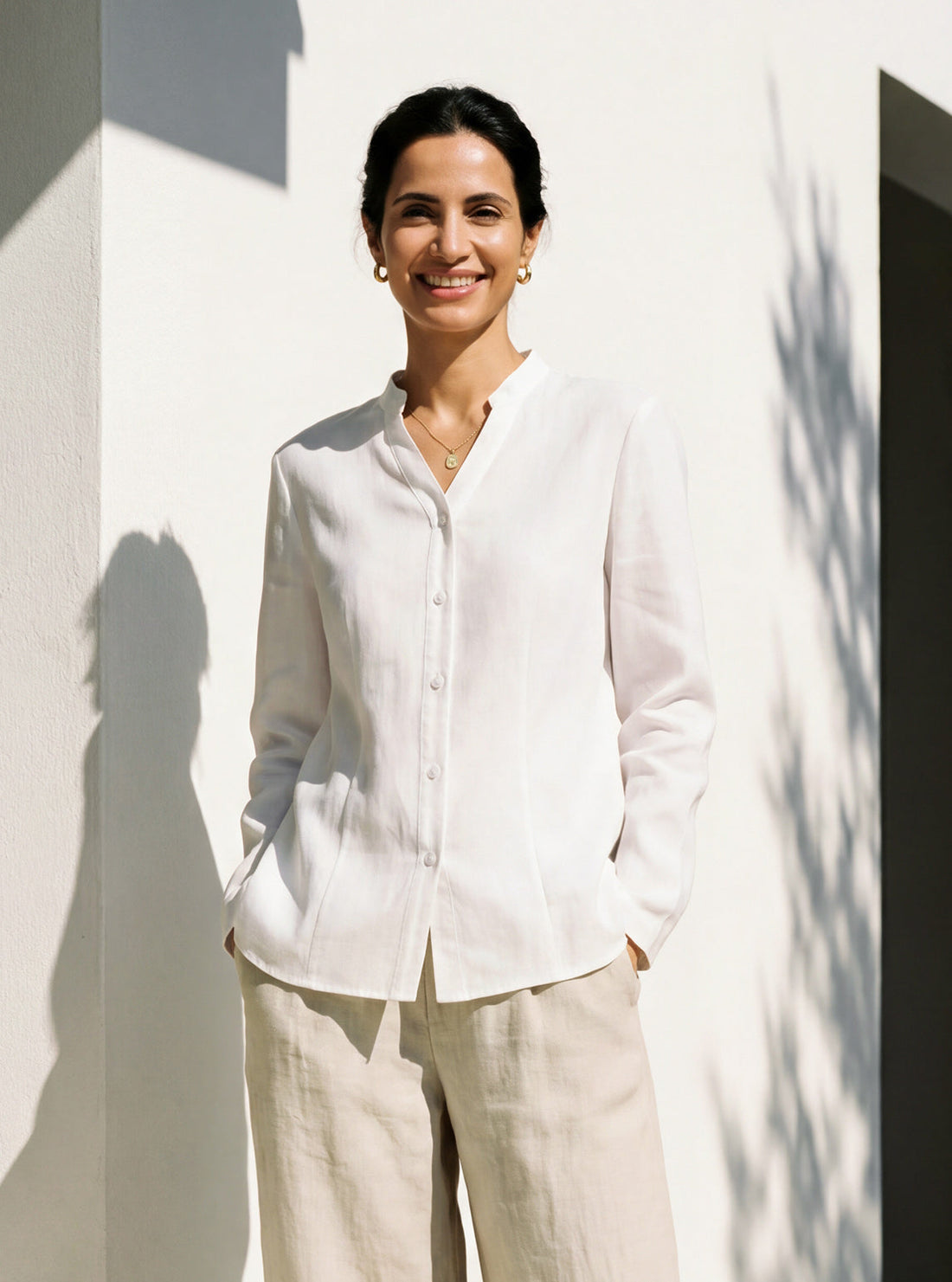 Linen-Lyocell Mandarin Collar Fitted Seam Shirt THORA  DestGlow