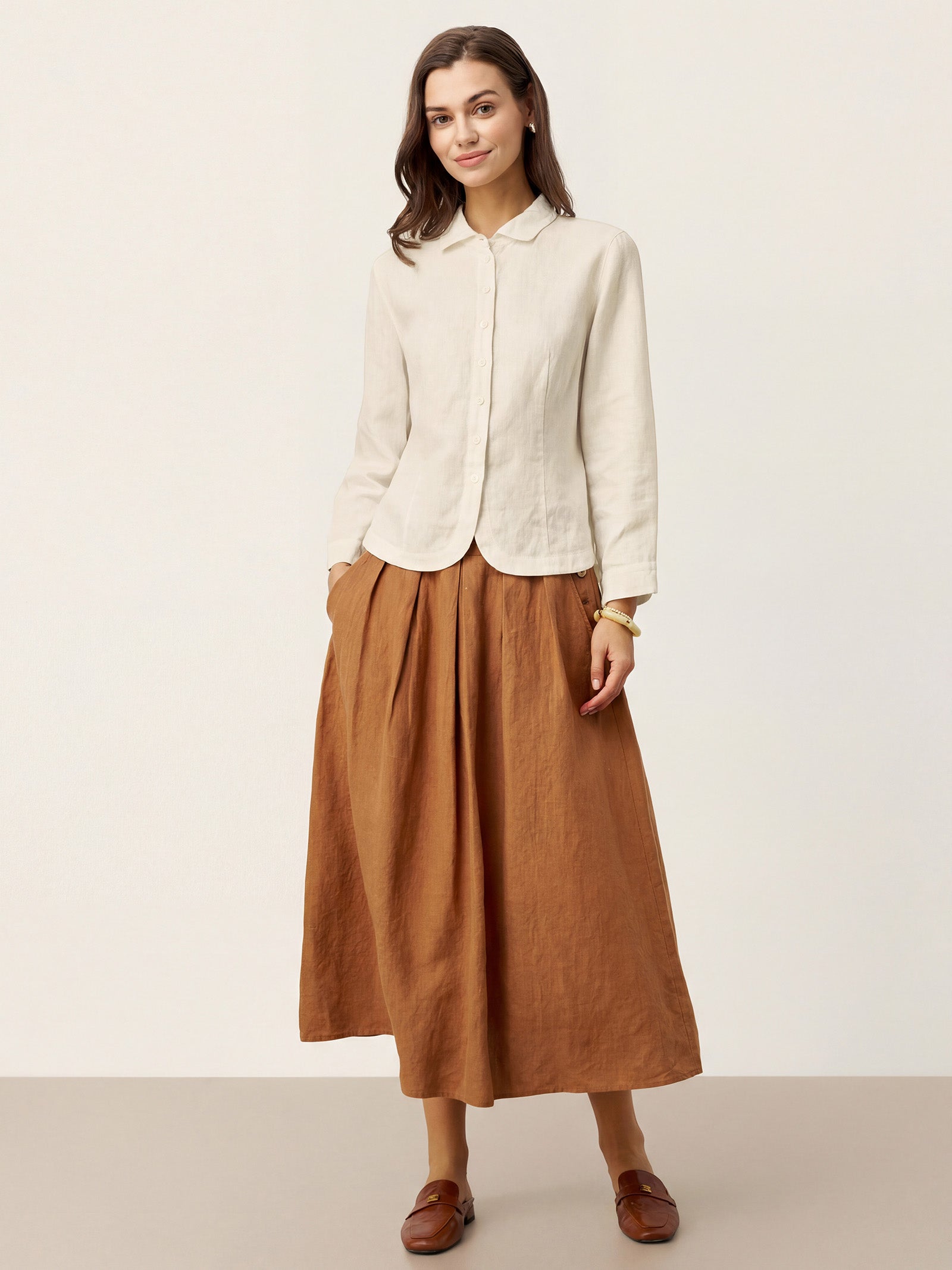 100% Linen Small Collar Curved Hem Tailored Shirt AVELINE by LINTICO
