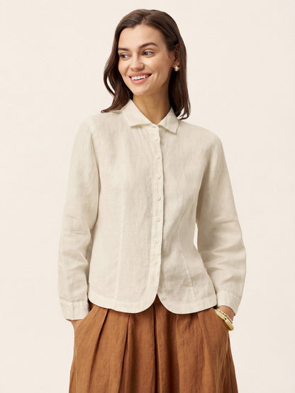 100% Linen Small Collar Curved Hem Tailored Shirt AVELINE by LINTICO