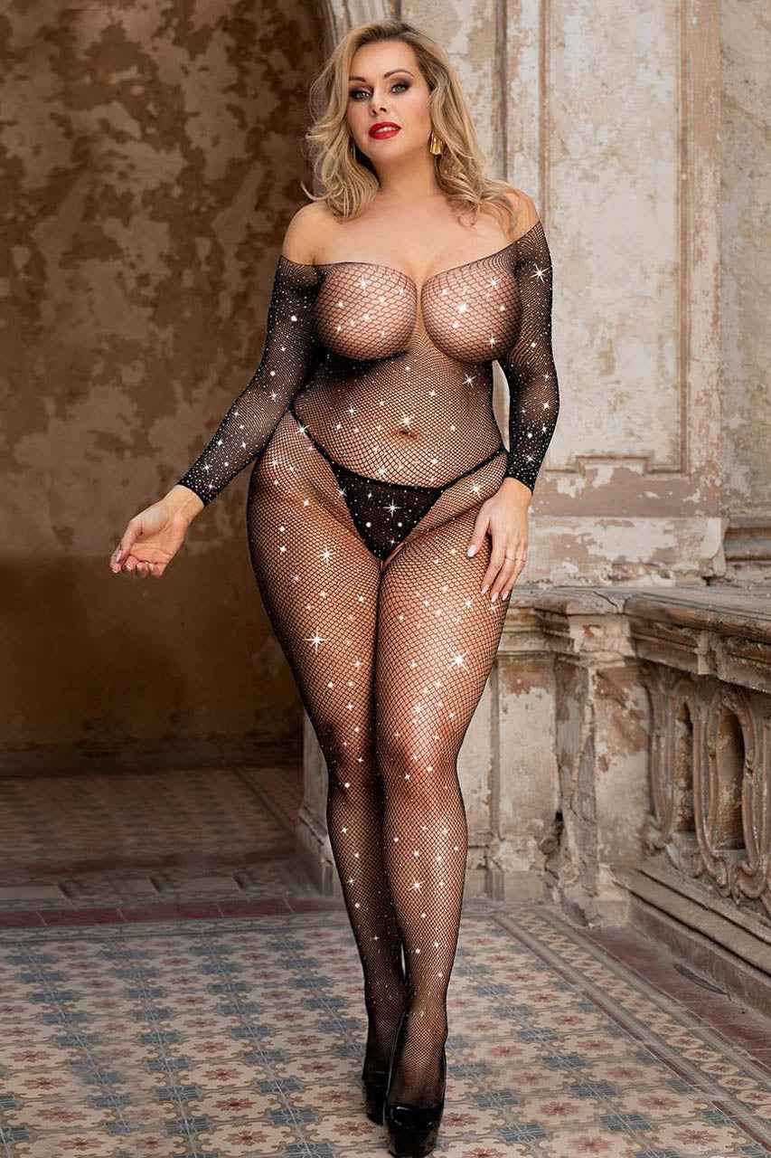Plus Size Rhinestone Net Bodystocking