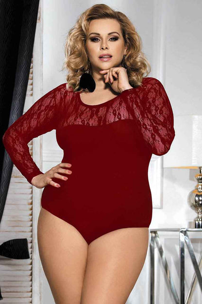 Plus Size Stretch Long Sleeve Lace Bodysuit