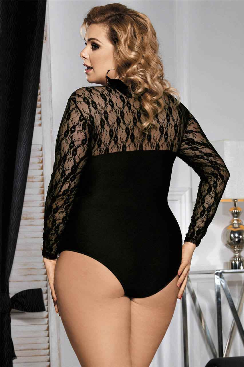 Plus Size Stretch Long Sleeve Lace Bodysuit